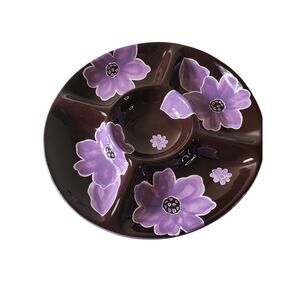 LAURIE GATES Purple Floral Large 15" Appetizer Veggie Chips Dip Platter Heavy